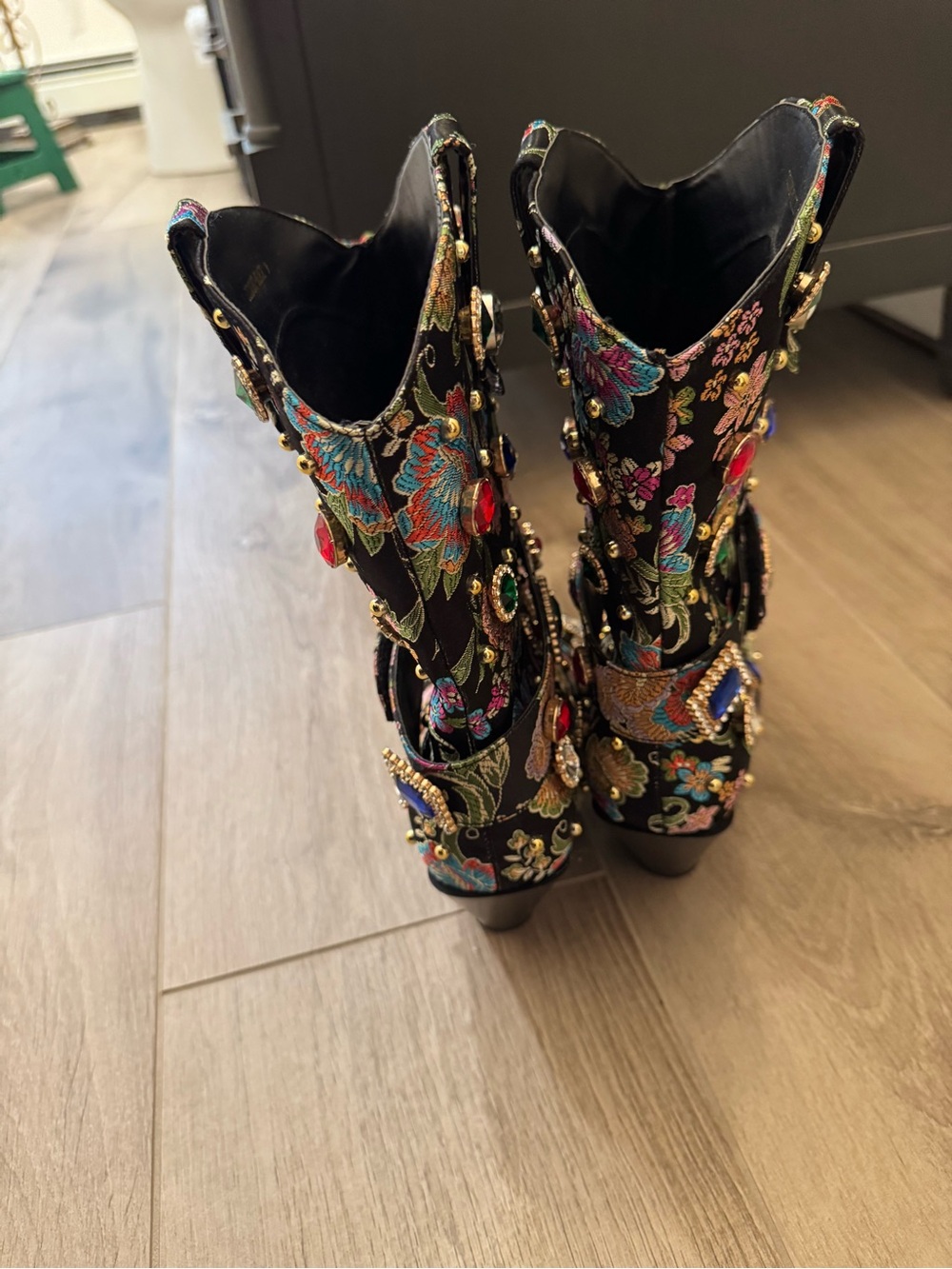 Embellished Black Floral Mid-Calf Boots with Multicolor Gem Accents - Picture 3 of 7